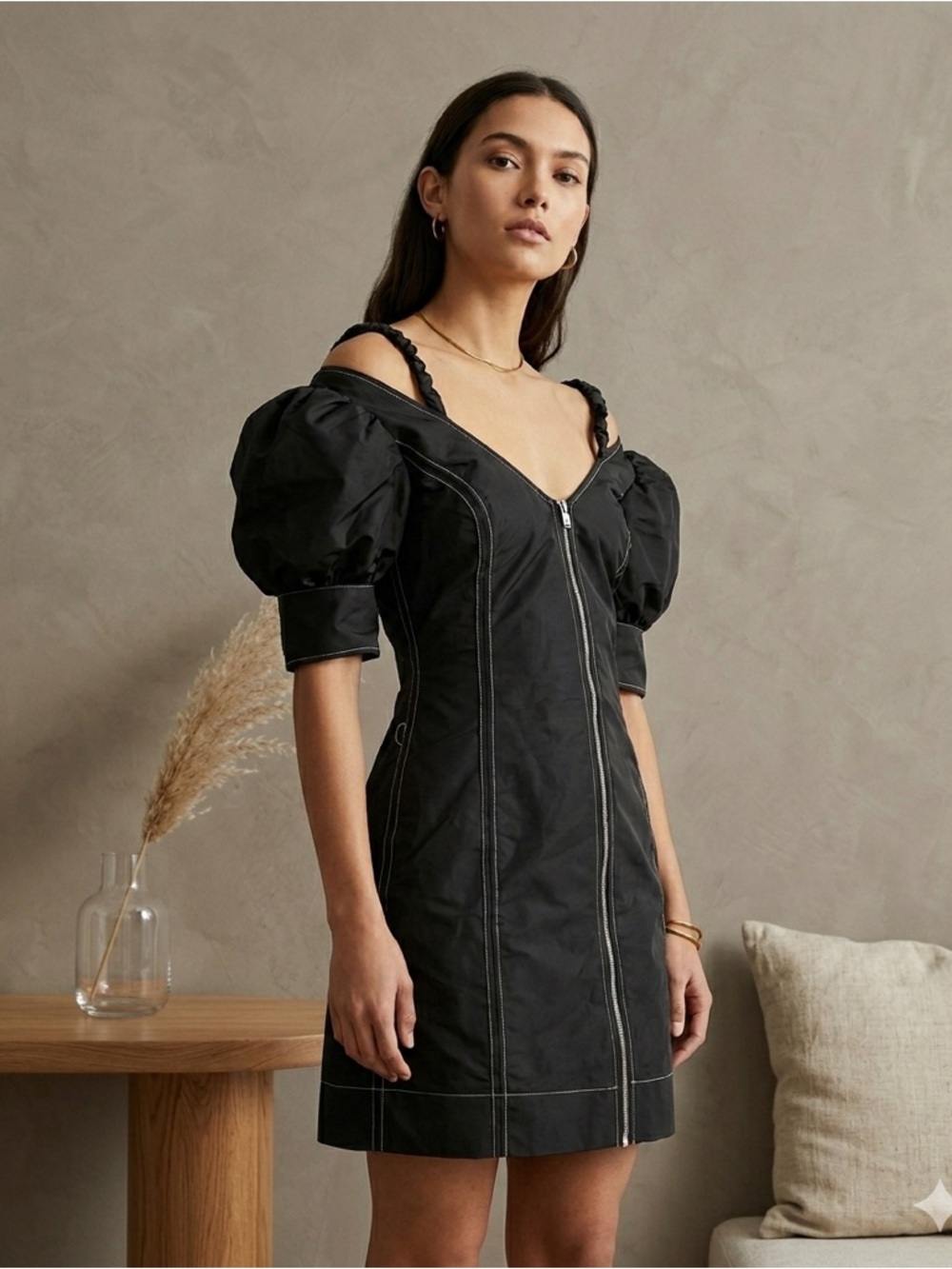 GANNI Cold Shoulder Mini Dress Black Taffeta Contrast Stitch NWT